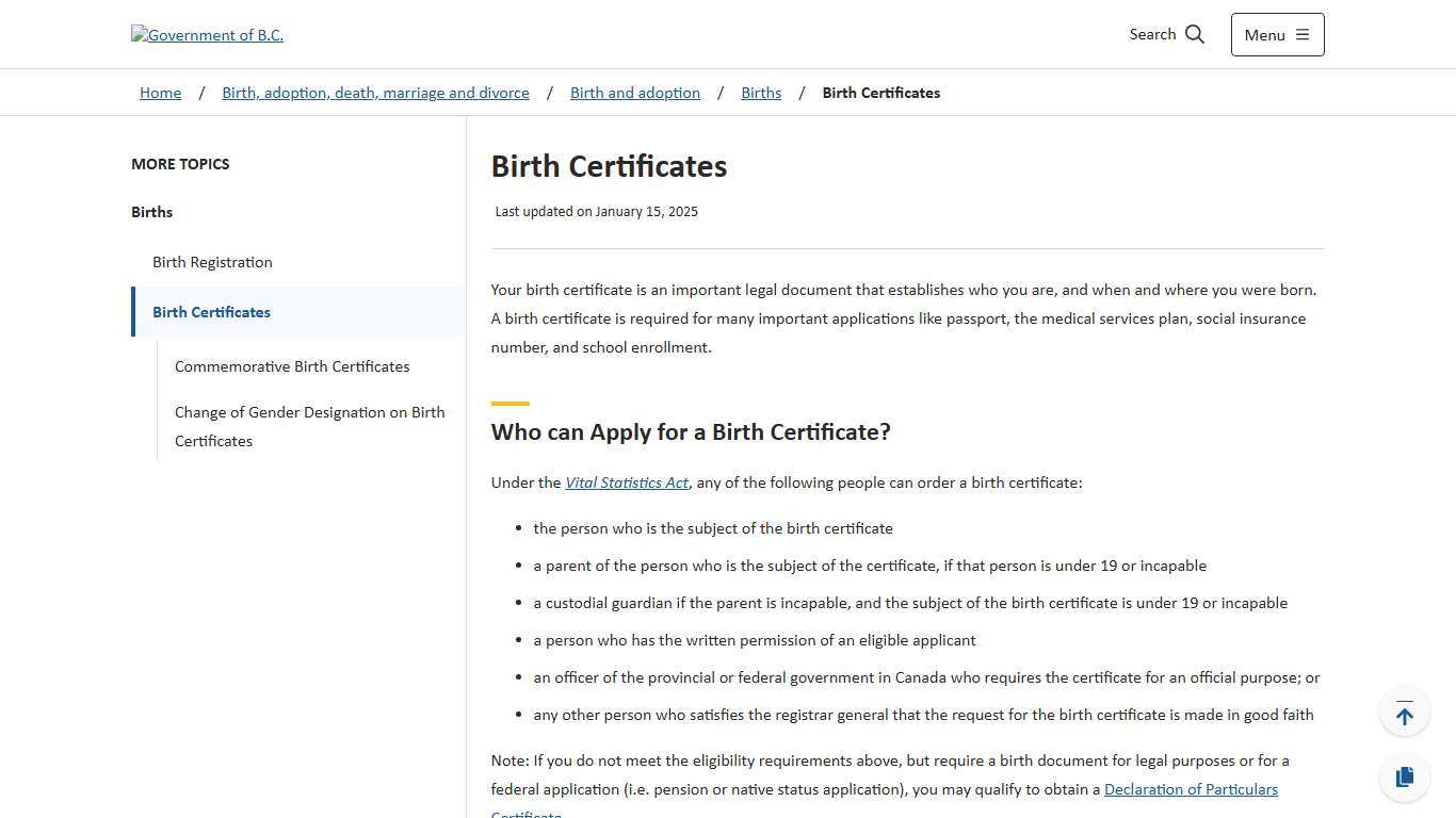 Birth Certificates - Province of British Columbia